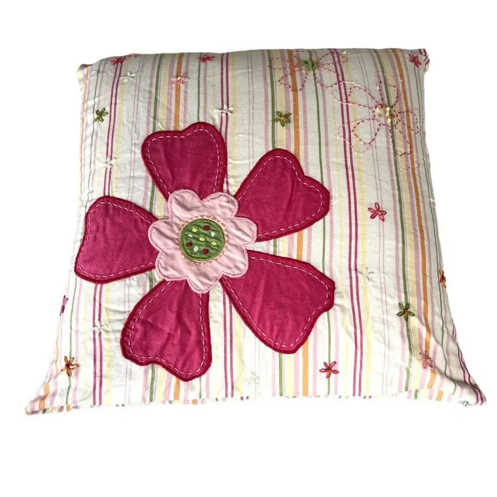Vintage Pottery Barn Girls Pink Flower Embroidered Striped PIllow Decor